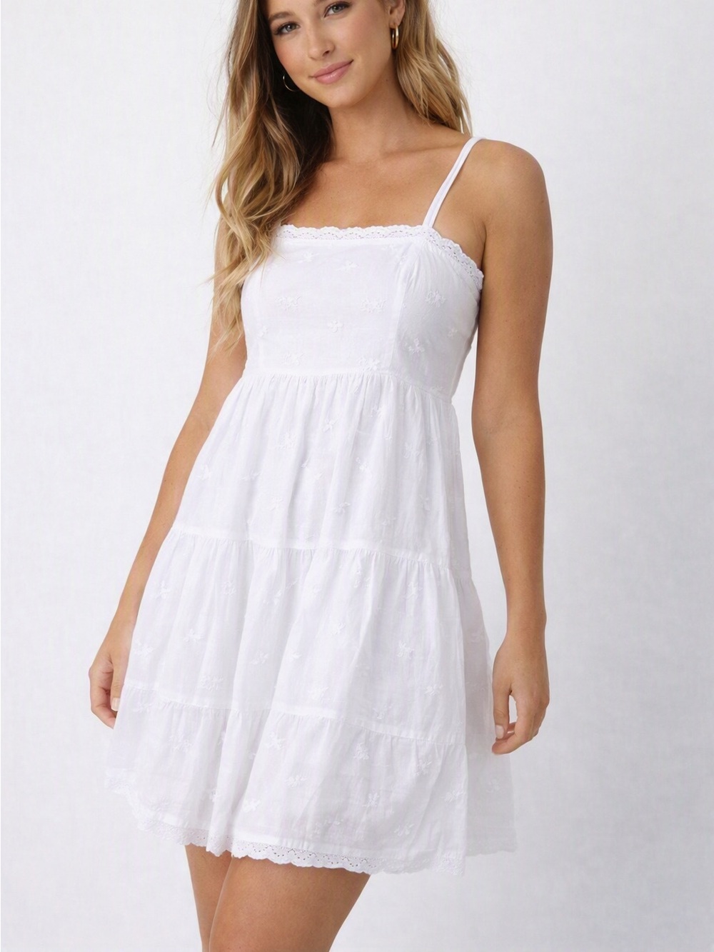 American Eagle Outfitters White Eyelet Tiered Mini Dress